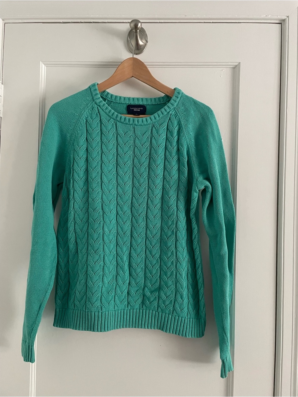 Lands' End Teal Cable Knit Crewneck Sweater